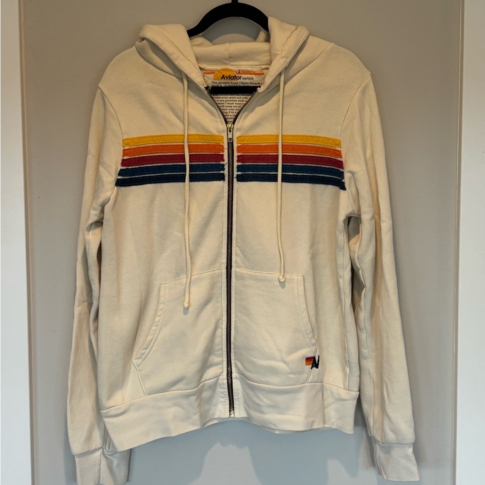 Aviator Nation Cream Zip Hoodie with Yellow, Orange, Red & Navy Stripes